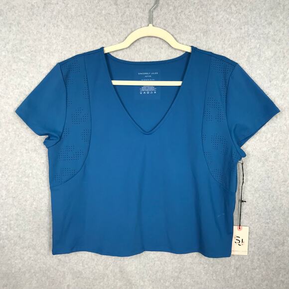 Sincerely Jules Top Women Large Blue Active Cropped Tee Shirt Yoga Exercise READ - Picture 1 of 8